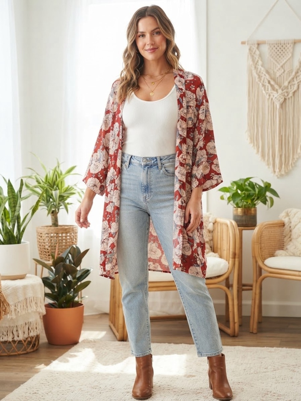 Knox Rose Red Floral Kimono Cardigan with White and Blue Accents